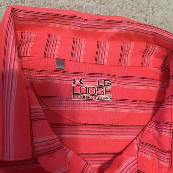 Under Armour HeatGear Loose Fit Men's Large Polo Shirt Pink w/ Fine Line Stripes - Picture 3 of 7